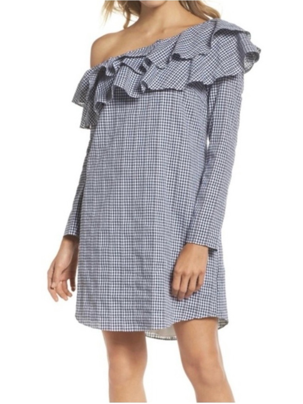 Adelyn Rae Sz XS Ruffle One-Shoulder Ruffle Gingham Dress Blue White